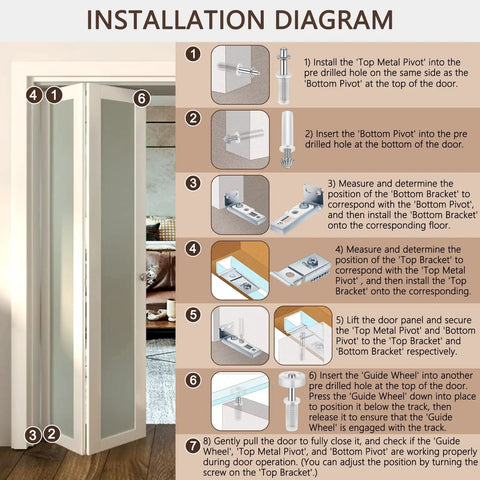 Sturdy Bifold Door Hardware Kit With Top And Bottom Brackets Guide Wheel And Pivot Replacement For Seven Eighths To One Inch Bifold Door Track Steel And Nylon Construction 2 Pack installation diagram