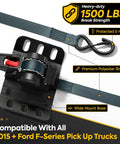 Tough Auto Retractable Ratchet Cargo Straps For Ford F150 Truck Bed Haulin Setup Boss Tie Downs With 1500 Pound Grip and No Sweat Self Tightening Slack Control, heavy-duty strap with S-hook.