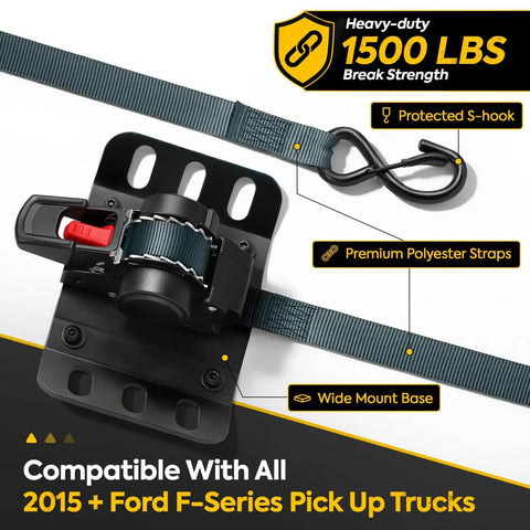 Tough Auto Retractable Ratchet Cargo Straps For Ford F150 Truck Bed Haulin Setup Boss Tie Downs With 1500 Pound Grip and No Sweat Self Tightening Slack Control, heavy-duty strap with S-hook.