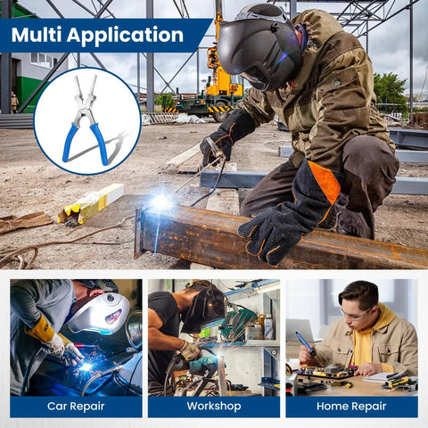 Worker using 8 Inch MIG Welding Pliers With Comfort Grip For Pros And DIYers in various repair settings with welding gear.