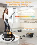 Heavy Duty Handheld Steam Cleaner Getting Every Stain Out With 3 Level Adjustable Handle And 18 Piece Accessory Kit For Zero Drama Deep Cleaning On Floors Matte Black in a home setting.