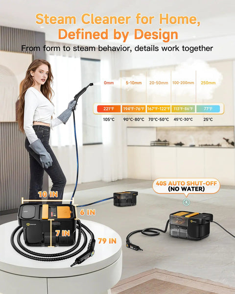 Heavy Duty Handheld Steam Cleaner Getting Every Stain Out With 3 Level Adjustable Handle And 18 Piece Accessory Kit For Zero Drama Deep Cleaning On Floors Matte Black in a home setting.