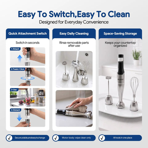 Handheld Cordless Immersion Blender With Smart Speed Settings And Whisper Quiet Motor For Easy Soup And Smoothie Blending Hassle Free Kitchen Essential showing quick attachment, easy cleaning, and organized storage.