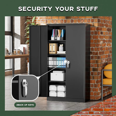 Tough Black Locking Metal Storage Cabinet With Doors, 72 Inch Tall, office setting, showing adjustable shelves filled with files