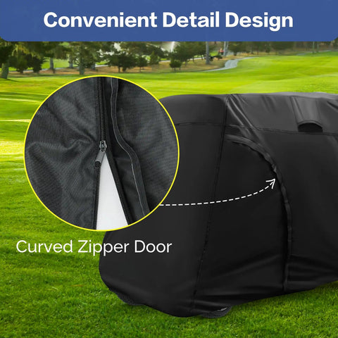 Heavy Duty Waterproof Golf Cart Cover For 4 To 6 Passenger Universal Fit Yamaha Honda Club Car Ezgo All Weather Protection Outdoor Storage Dustproof UV Resistant Shield showing curved zipper door detail