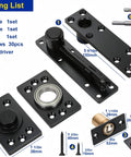 Badass Heavy Duty Hidden Door Hinge Built Different With Solid Alloy Steel Core Supports Up To Seven Hundred Pounds For Secret Bookshelf Pivot System Smooth Operation Guaranteed Top Shelf Hardware packaging list with tools and hinges.
