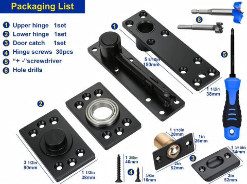 Badass Heavy Duty Hidden Door Hinge Built Different With Solid Alloy Steel Core Supports Up To Seven Hundred Pounds For Secret Bookshelf Pivot System Smooth Operation Guaranteed Top Shelf Hardware packaging list with tools and hinges.