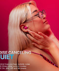 Woman wearing Go Pop ANC True Wireless Earbuds With Charging Case In Fuchsia, Active Noise Cancelling, with pink background.
