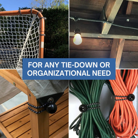 Beefy Heavy Duty Ball Bungee Cord 11 Inch With 1 Inch Nylon Ball securing nets, tarps, and cables in outdoor settings.