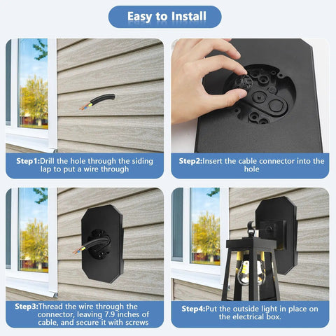 Two Piece Siding Mounting Block Kit For Outdoor Lights 1/2 Inch Lap Double Black Finish With Built In Junction Box And NM Cable Connector No Fuss Install Paintable Surface, install steps