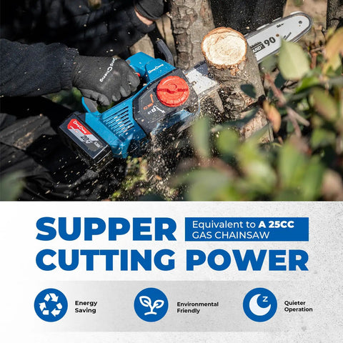 User cutting tree branch with Brushless Cordless Chainsaw With 12 Inch Bar 20V Power, Snappy 12 Meter Per Second Chain Speed