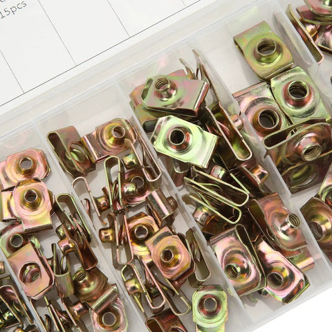 U Nut Kit 100 Pcs Stainless Steel M8 Assortment For Auto Body Panel Bumper Repair Clamp Nuts For Sheet Metal And Plastic Trim Rust Resistant Galvanized Finish With Secure Fixing For Car Panels, tray view
