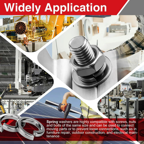Image collage showing M6 Stainless Steel Split Lock Washers 50 Pack, Tough Anti Loosening Spring Gaskets in various industrial applications