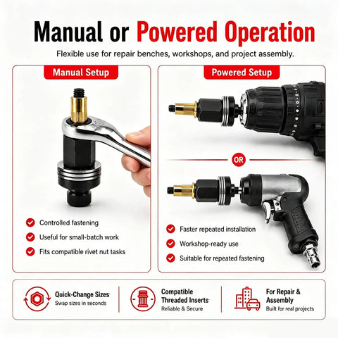 Heavy Duty Carbon Steel Rivet Nut Tool Set With M3 To M12 Mandrels And Nuts, manual or drill setup for fastening