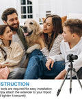 Family sitting with a dog beside a Rig Ready 12 Inch Aluminum Tripod Extension Rod With 1/4 20 Female To Male Thread Lightweight Camera Stabilizer.