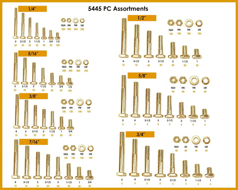 5,445 Piece Grade 8 Coarse Hardware Kit With Hex Cap Screws, Hex Nuts in Durham 40 Hole Bins, Yellow Zinc Finish, 1/4 to 3/4 Inch