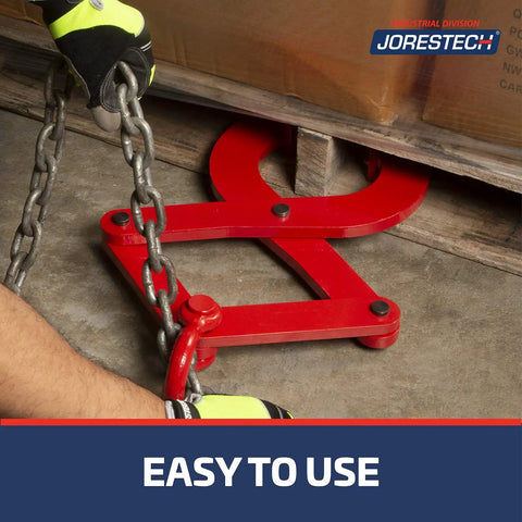 Heavy Duty Pallet Puller Clamp For Forklifts With No Slip Jaws And Steel Gripping Teeth E Pallet Puller Style Grip Lifts Pallets Up To 4400 Lbs Built Tough With Corrosion Resistant Powder Coat For Long Life, red steel clamp under pallet with chain