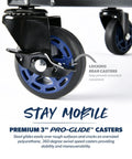 Close-up of 3" Pro-Glide casters on the Beast Heavy Duty Shop Stool With Backrest, showing locking mechanism and mobility features.