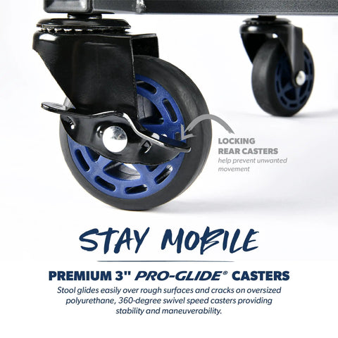 Close-up of 3" Pro-Glide casters on the Beast Heavy Duty Shop Stool With Backrest, showing locking mechanism and mobility features.
