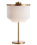 Gold Two Light Fringed Metal LED Table Lamp With White Tassel Shade, Contemporary Glam Desk Light For Living Room Or Bedroom