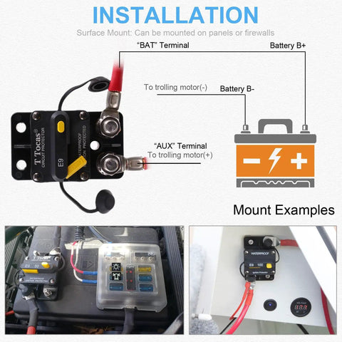Heavy Duty 150 Amp Circuit Breaker With Manual Reset For 12V To 48V DC Systems Marine ATV Trailer Waterproof Three Eighths Inch M10 Studs Ignition Protected UL Rated Solar Battery Stereo Electronics shown with installation diagram and examples.