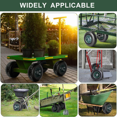 Two Pack 13 Inch 4.00-6 Airless Rubber Wheel Set With 5/8 Inch And 3/4 Inch Bearings Flat Free Replacement Tires on carts and wheelbarrows