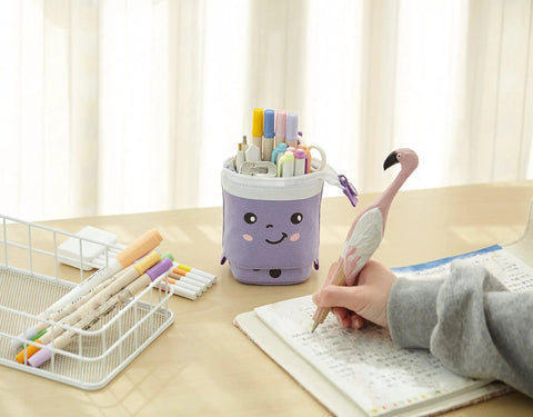Purple Pop Up Telescopic Pencil Case And Pen Holder Stand Up Transformer Organizer With Adjustable Height Retractable Design, desk use