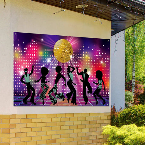 Throwback Disco Backdrop For 70s 80s 90s Parties, Neon Night Photo Booth Background Banner, outdoor display with dance floor print.