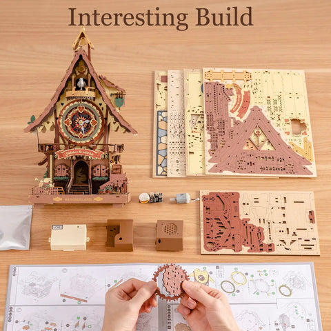 Hands assembling Dope 3D Wooden Cuckoo Clock Kit For Adults, 435-Piece Buildable Model With Two Lights, Lighted Hourly Chime Puzzle.