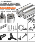 Universal Socket Set For Seven To Nineteen Millimeters And Eleven To Thirty Two Millimeters With A Multi Function Socket Tool And Drill Adapters Three Eighths Inch And One Half Inch Must Have For Auto Work Home Repairs Handyman Gear And Diy Gifts For Dad showing sockets and adapters with fasteners