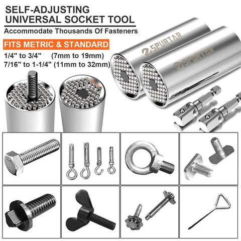 Universal Socket Set For Seven To Nineteen Millimeters And Eleven To Thirty Two Millimeters With A Multi Function Socket Tool And Drill Adapters Three Eighths Inch And One Half Inch Must Have For Auto Work Home Repairs Handyman Gear And Diy Gifts For Dad showing sockets and adapters with fasteners