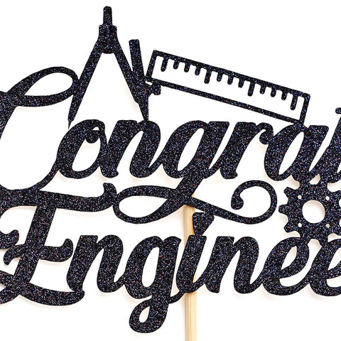 Engineer Graduation Cake Topper For Class Of 2026, Future Engineer Celebration Decor, black glitter cardstock close-up
