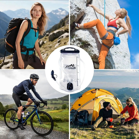 Hydration Bladder With Large Opening No Spill Design, Leak Proof Reservoir And Quick Connect System in outdoor settings.