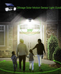 Outdoor Solar Security Lights 30 LED Dual Head Motion Sensor Floodlights illuminating front door at night.