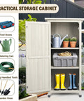 Wooden Outdoor Storage Cabinet And Vertical Garden Tool Shed With Waterproof Metal Roof And Two Adjustable Shelves Ideal For Yard Patio Deck And Porch Gray 20 By 24 By 48 Inches with garden tools and boots displayed