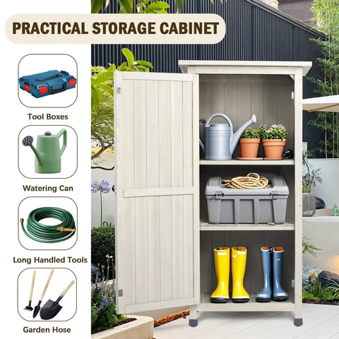 Wooden Outdoor Storage Cabinet And Vertical Garden Tool Shed With Waterproof Metal Roof And Two Adjustable Shelves Ideal For Yard Patio Deck And Porch Gray 20 By 24 By 48 Inches with garden tools and boots displayed