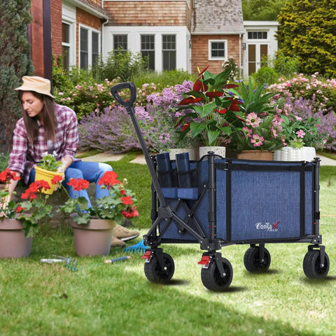 Collapsible Wagon Cart With Big Wheels And Brakes 250 Pound Capacity Lightweight Foldable Utility Wagon in garden setting