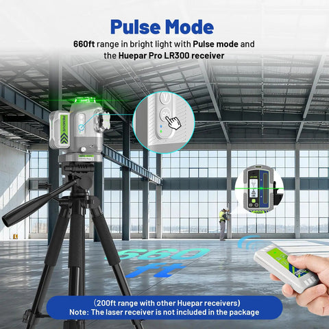 Pro Grade Outdoor 360 Degree Green Laser Level With Self Leveling, Pivot Fine-Tune Alignment, Fixed-Point, Remote Control, 8000mAh Battery, 1/13 Inch Accuracy For Construction GS03CG in pulse mode on construction site.