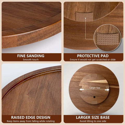 Detail of 12 Inch Wooden Lazy Susan Organizer With Smooth 360 Spin showing fine sanding, protective pad, raised edges, and large base.