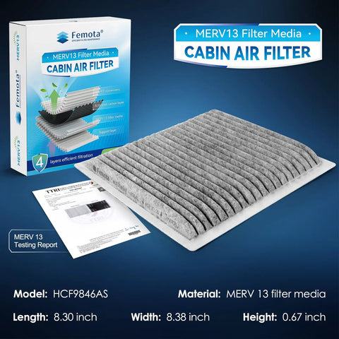 MERV 13 Cabin Air Filter with Activated Carbon for Mazda MPV Mitsubishi Endeavor Subaru Toyota with box and specifications visible