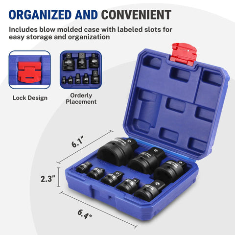 Eight Piece Impact Socket Adapter Set For Quarter To One Inch Drives With Storage Case And Reducers CRMO Steel in blue case