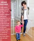 Woman and child walking through Expandable Extra Wide Baby Gate For Kids And Pets Fits 30 To 90 Inches In Black, easy install.