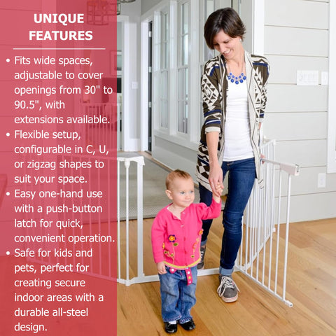 Woman and child walking through Expandable Extra Wide Baby Gate For Kids And Pets Fits 30 To 90 Inches In Black, easy install.