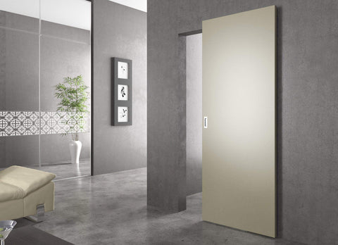 Floating Door System Pro Grade Sliding Track Kit With Concealed Barn Door Hardware Patented Designs Made In Italy shown in modern room.