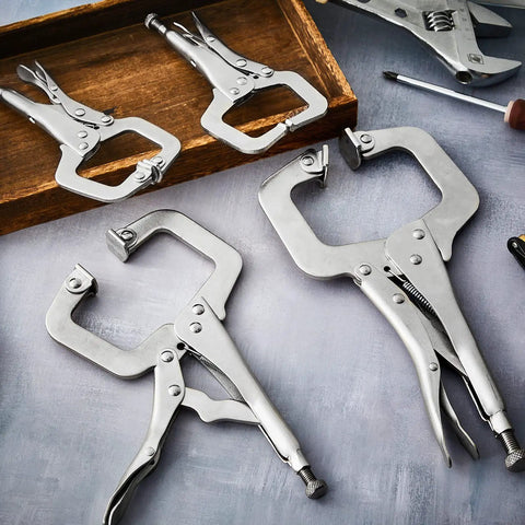 Garage Grade Heavy Duty Locking C Clamp Set With Fixed And Swivel Pads, 10 Piece Welding Clamps displayed on a table.