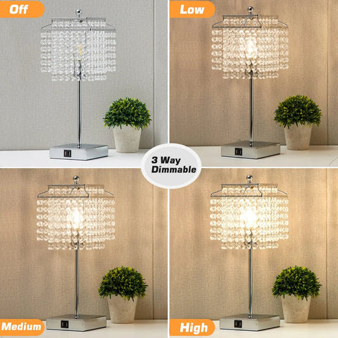 Crystal Table Lamp Set With Touch Control, USB C And USB A Ports, Dimmable Bedside Lamps with crystal shade dimming options shown