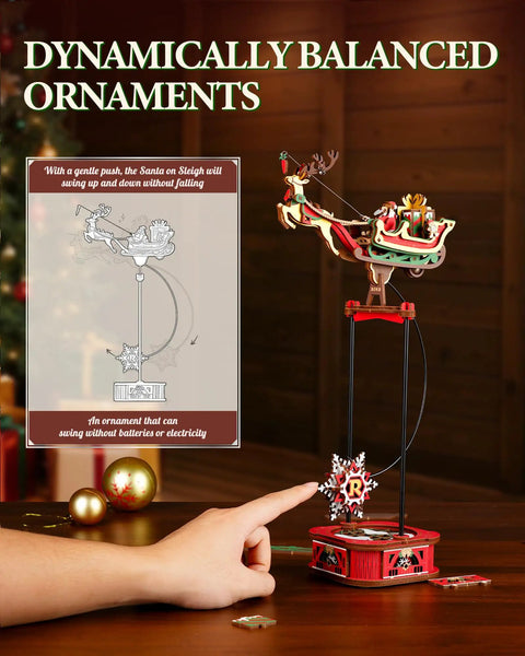 3D Wooden Puzzle Gravity Swing Santa On Sleigh Desktop Decor With Dynamic Balance For The Holidays, Festive Puzzle Gift For The Fam And Friends, Fun Desk Ornament That Swings Smoothly Into Perfect Equilibrium. Wooden Santa sleigh balance ornament on desk with hand pointer and stand