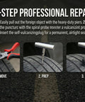 3-step process showing use of the Badass Heavy Duty 31 Piece Flat Tire Repair Kit With Durable Rubber Plugs And Complete Steel Tool Set For Cars Trucks Atv Jeep Roadside Emergency Fix.