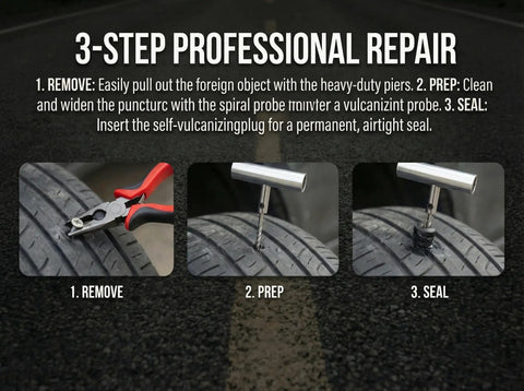 3-step process showing use of the Badass Heavy Duty 31 Piece Flat Tire Repair Kit With Durable Rubber Plugs And Complete Steel Tool Set For Cars Trucks Atv Jeep Roadside Emergency Fix.