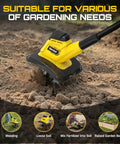 Cordless Garden Tiller Tool Only For Lawn And Garden 360 RPM Rototiller in use on soil, showing tilling width and 48 steel tines